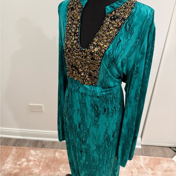 Silk Teal Long Sleeve Dress with Embellishments - Picture 3 of 14
